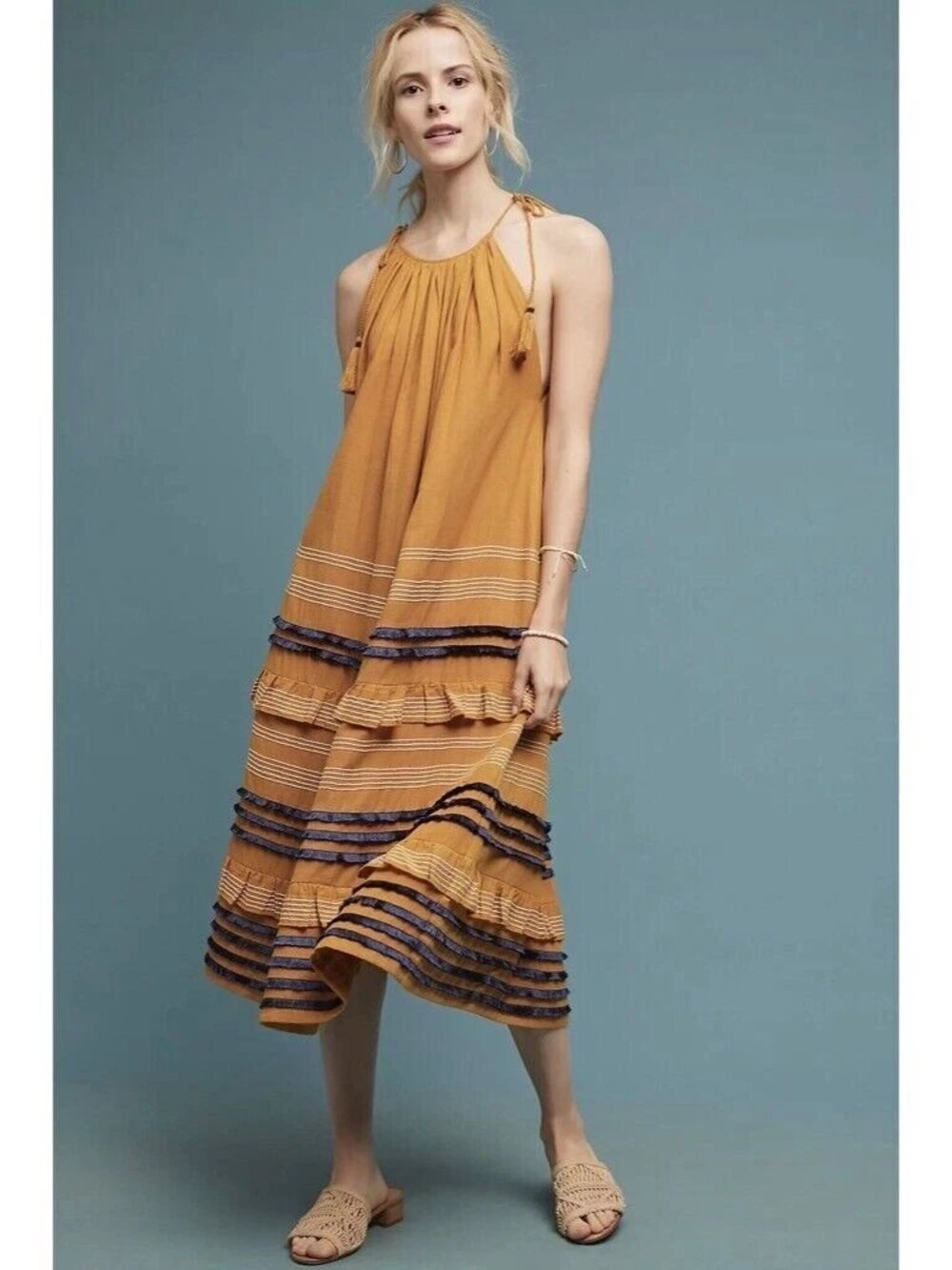 Corey Lynn Calter Serena Trapeze‎ Dress Womens XS Yellow Tassel Halter Maxi